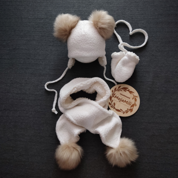 Komplet zimowy czapka z pomponami, komin oraz rękawiczki biały