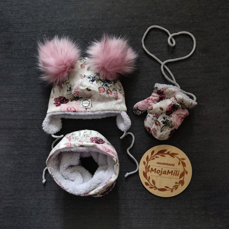 Zimowy zestaw dla maluszka lub dziewczynki czapka, komin i rękawiczki