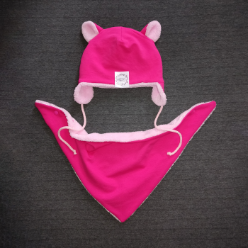 Zimowy komplet dla dzieci czapka z uszami i chusta różowa