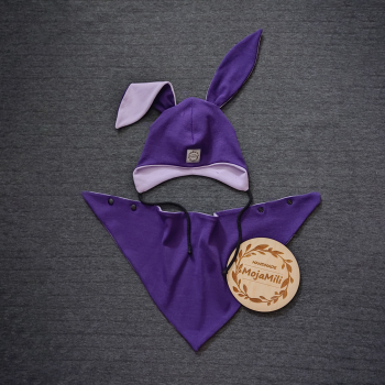 Komplet jesienno zimowy czapka z uszami królika oraz chusta fioletowy