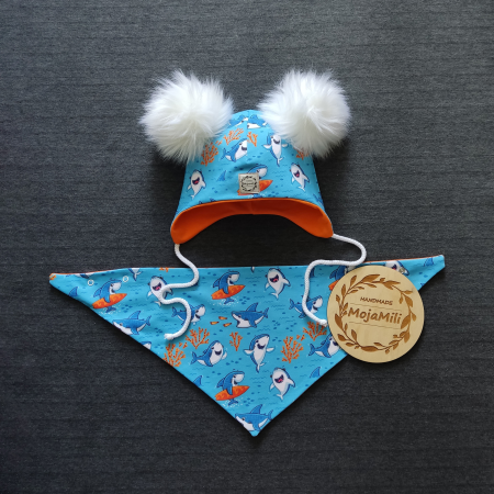 Komplet czapki z pomponami i chustą we wzór morski niebieski