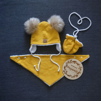 Zestaw zimowy "Słoneczny Puch" - Czapka, rękawiczki i chusta dla dzieci żółty