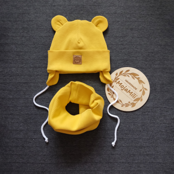 Zestaw "Słoneczny miś" czapka z uszkami i komin prążek żółty