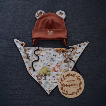 Zestaw "Jesienny Las" czapka z uszkami i chusta brązowy prążek