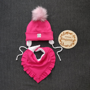 Zestaw "Różowa Księżniczka" - czapka z pomponem i chustka z falbanką różowy prążek