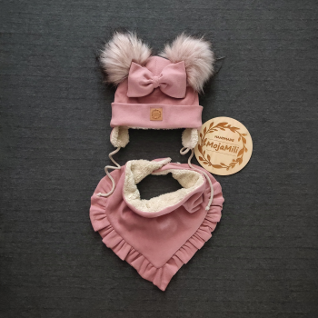 Zestaw zimowy dla dzieci - czapka z pomponami i chusta pudrowy różowy prążek