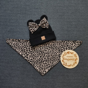 Zestaw zimowy dla dzieci - czapka z uszkami i kokardką w panterkę oraz chusta czarny prążek
