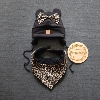 Zestaw zimowy dla dzieci - czapka z uszkami i kokardką w panterkę oraz chusta czarny