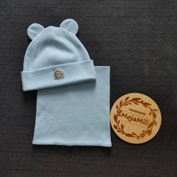 Zestaw czapka i komin - błękitny z uszkami prążek