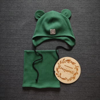 Zielony zestaw czapka z uszkami i komin dla dzieci prążek