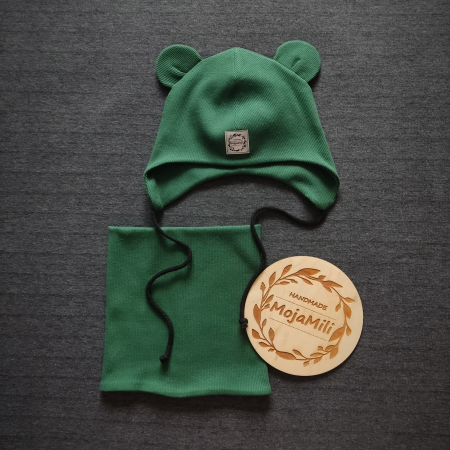 Zielony zestaw czapka z uszkami i komin dla dzieci prążek